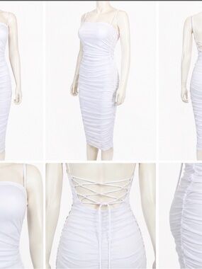 Women’s White Ruched Lace-Up Back Bodycon Dress